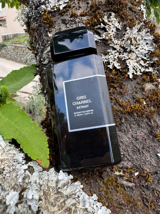 A black rectangular bottle of Gris Charnel Extract perfume or fragrance extract, featuring a white label with black text, resting on a mossy tree trunk outdoors.