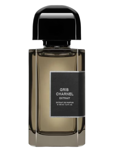 Gris Charnel Extrait perfume bottle with a black cap and a dark gray label, shown on a plain white background.